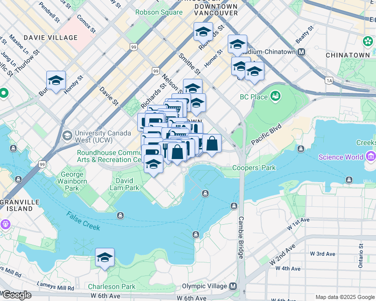 map of restaurants, bars, coffee shops, grocery stores, and more near 198 Aquarius Mews in Vancouver