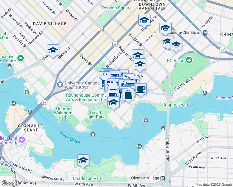 map of restaurants, bars, coffee shops, grocery stores, and more near 1213 Pacific Boulevard in Vancouver