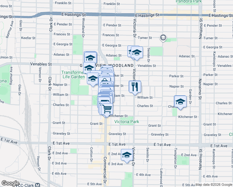 map of restaurants, bars, coffee shops, grocery stores, and more near 1761 William Street in Vancouver