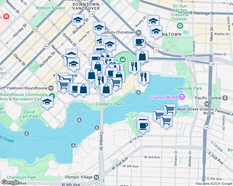 map of restaurants, bars, coffee shops, grocery stores, and more near 918 Cooperage Way in Vancouver