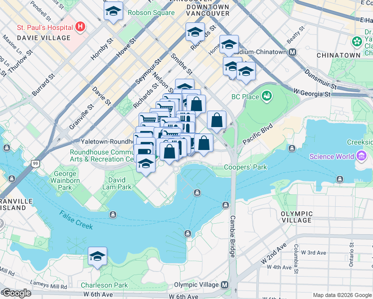 map of restaurants, bars, coffee shops, grocery stores, and more near 193 Aquarius Mews in Vancouver
