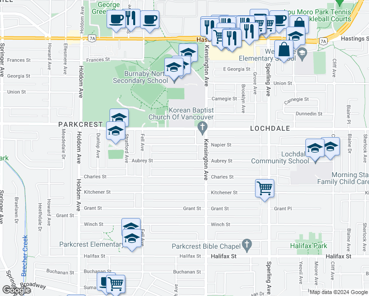map of restaurants, bars, coffee shops, grocery stores, and more near in Burnaby