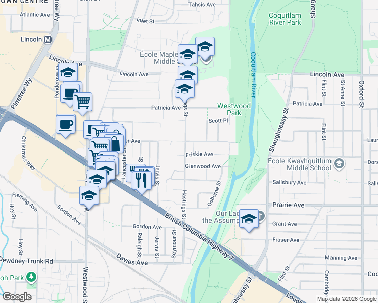 map of restaurants, bars, coffee shops, grocery stores, and more near 3478 Hastings Street in Port Coquitlam