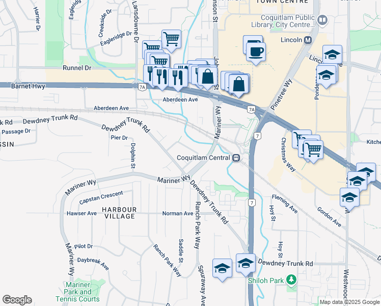 map of restaurants, bars, coffee shops, grocery stores, and more near 1134 Hansard Crescent in Coquitlam
