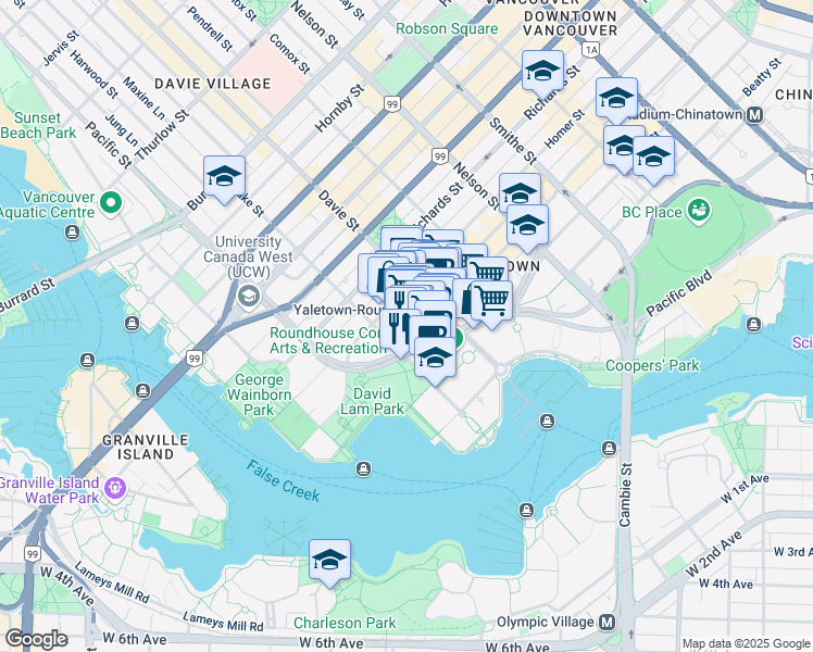 map of restaurants, bars, coffee shops, grocery stores, and more near in Vancouver