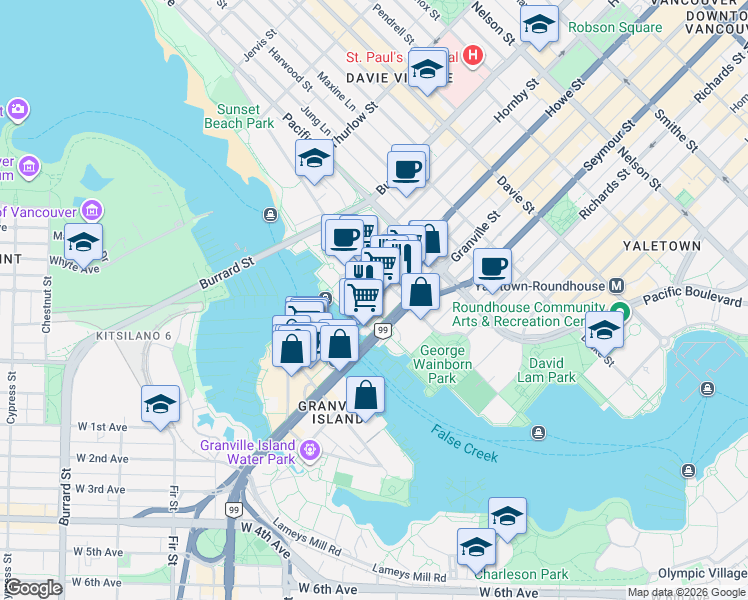 map of restaurants, bars, coffee shops, grocery stores, and more near 1500 Howe Street in Vancouver