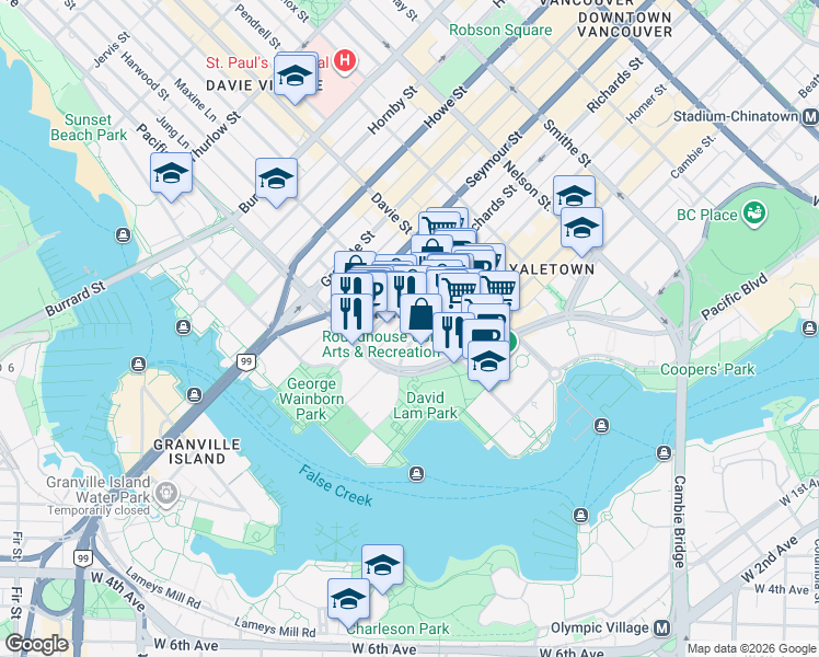 map of restaurants, bars, coffee shops, grocery stores, and more near 1323 Homer Street in Vancouver