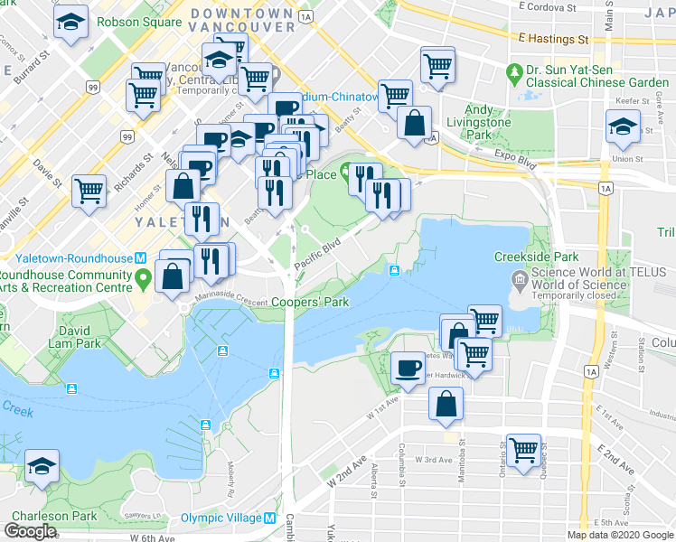 map of restaurants, bars, coffee shops, grocery stores, and more near in Vancouver