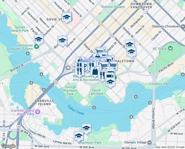 map of restaurants, bars, coffee shops, grocery stores, and more near 1331 Homer Street in Vancouver