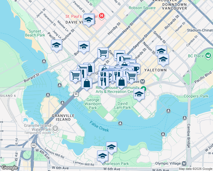 map of restaurants, bars, coffee shops, grocery stores, and more near in Vancouver