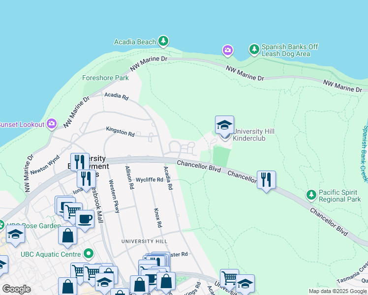 map of restaurants, bars, coffee shops, grocery stores, and more near 5495 Chancellor Boulevard in Vancouver