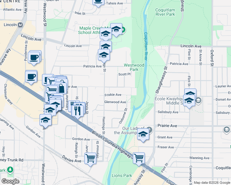 map of restaurants, bars, coffee shops, grocery stores, and more near 2471 Friskie Avenue in Port Coquitlam