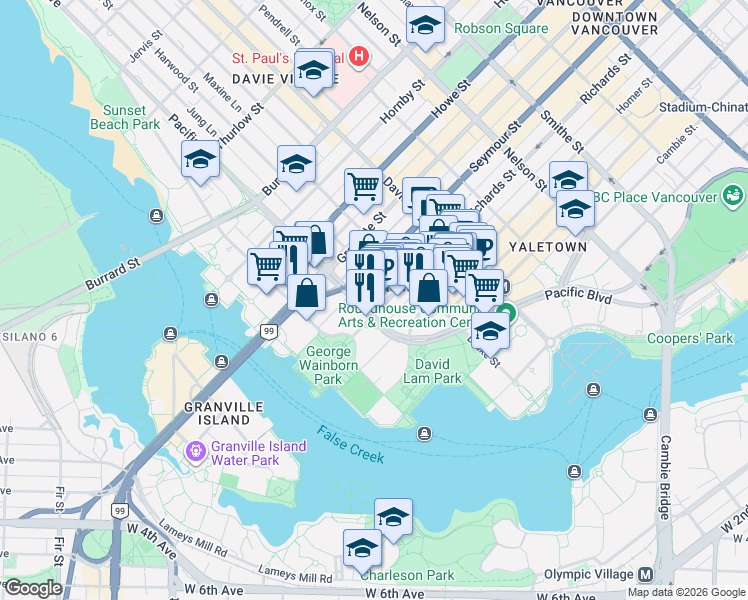 map of restaurants, bars, coffee shops, grocery stores, and more near 501 Pacific Street in Vancouver