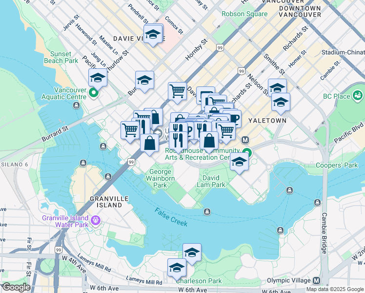 map of restaurants, bars, coffee shops, grocery stores, and more near 501 Pacific Street in Vancouver