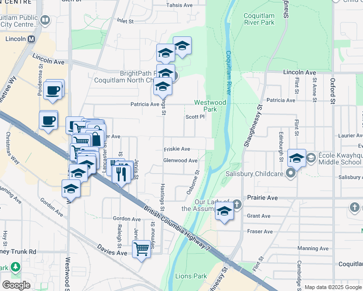 map of restaurants, bars, coffee shops, grocery stores, and more near 2471 Friskie Avenue in Port Coquitlam