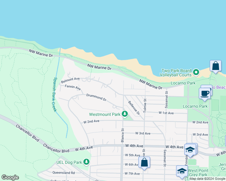 map of restaurants, bars, coffee shops, grocery stores, and more near 4726 Belmont Avenue in Vancouver