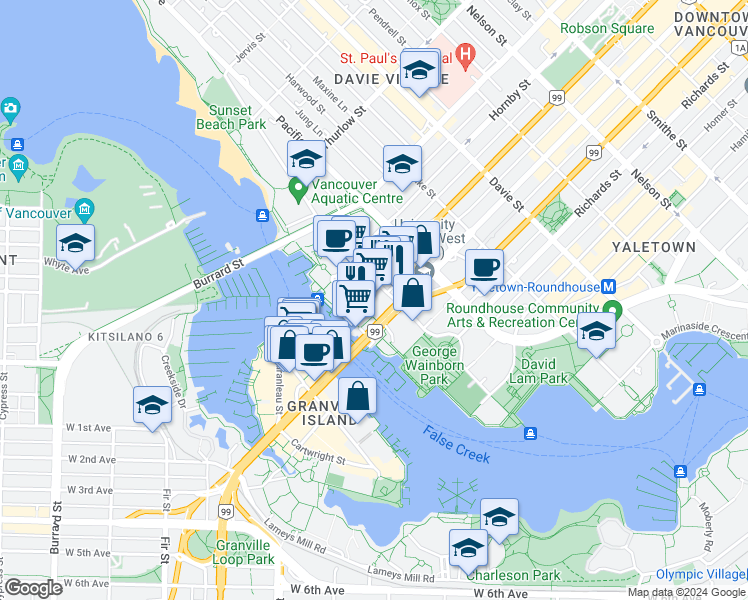 map of restaurants, bars, coffee shops, grocery stores, and more near 1500 Howe Street in Vancouver