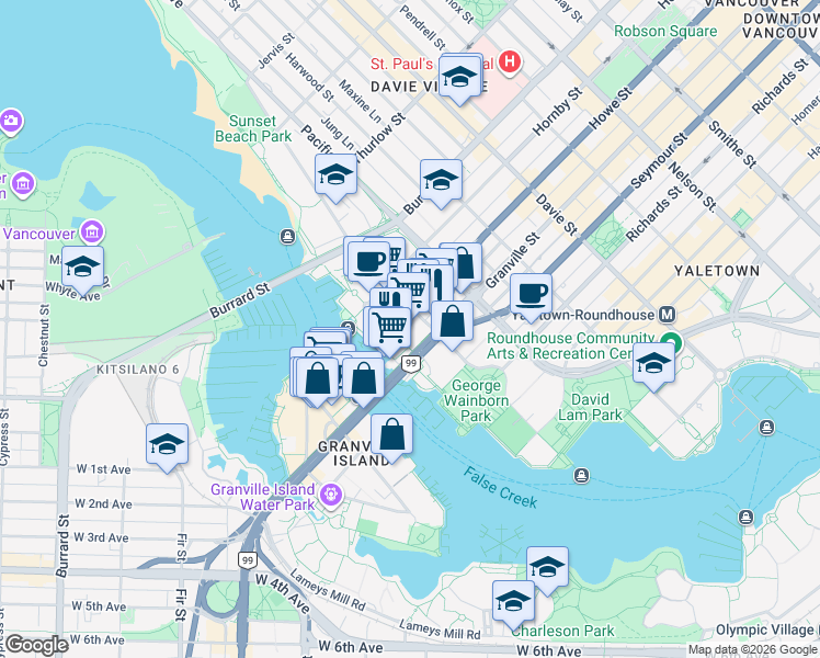 map of restaurants, bars, coffee shops, grocery stores, and more near 1500 Howe Street in Vancouver