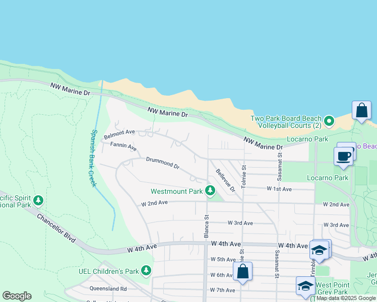 map of restaurants, bars, coffee shops, grocery stores, and more near 4726 Belmont Avenue in Vancouver