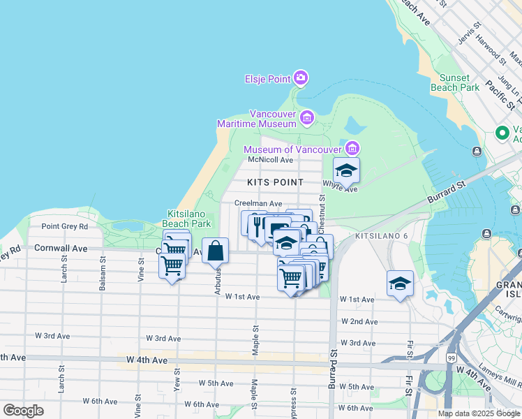 map of restaurants, bars, coffee shops, grocery stores, and more near 1312 Maple Street in Vancouver