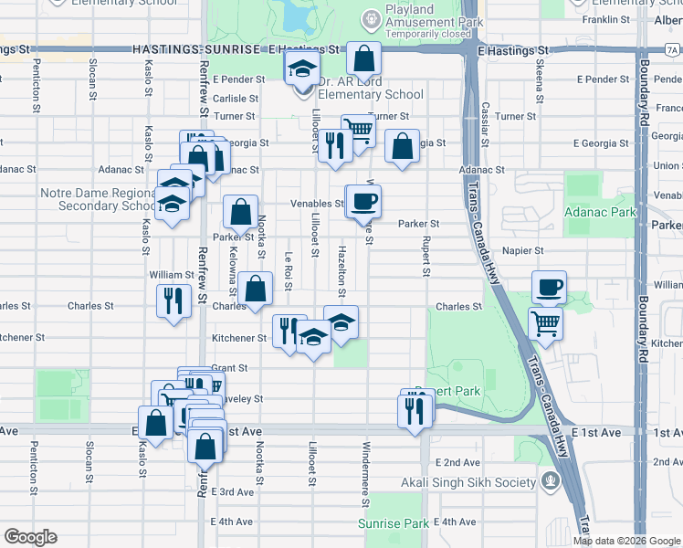 map of restaurants, bars, coffee shops, grocery stores, and more near 1196 Hazelton Street in Vancouver