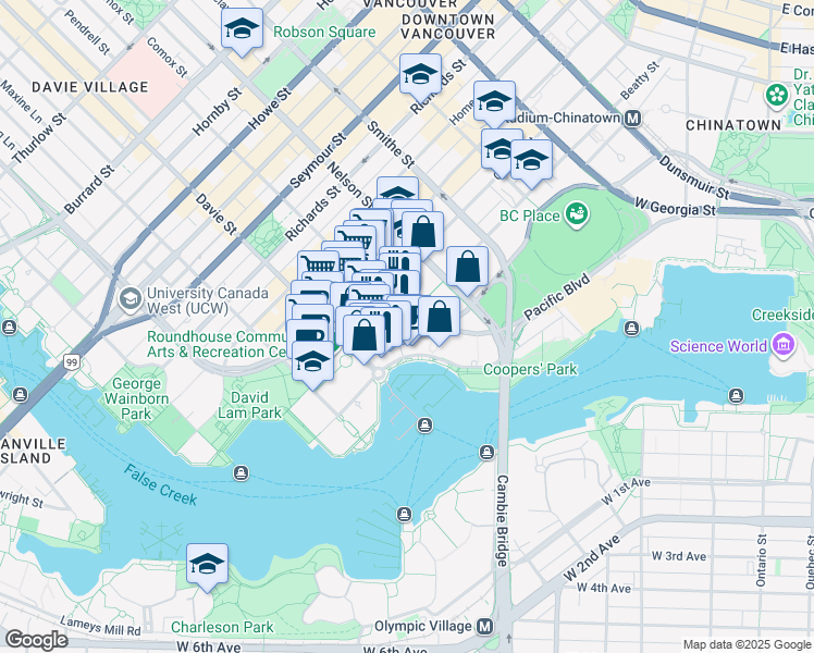 map of restaurants, bars, coffee shops, grocery stores, and more near 1090 Pacific Boulevard in Vancouver