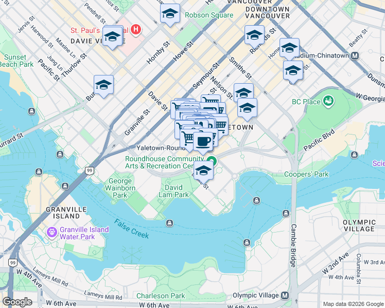 map of restaurants, bars, coffee shops, grocery stores, and more near 1230 Hamilton Street in Vancouver