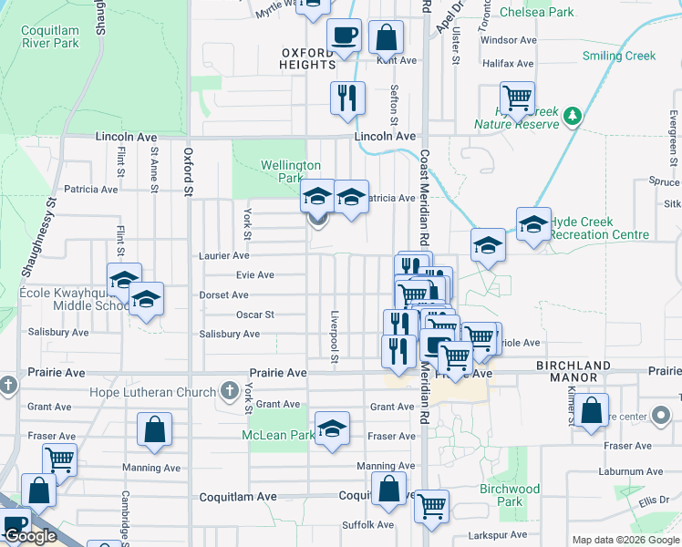 map of restaurants, bars, coffee shops, grocery stores, and more near 3454 Liverpool Street in Port Coquitlam