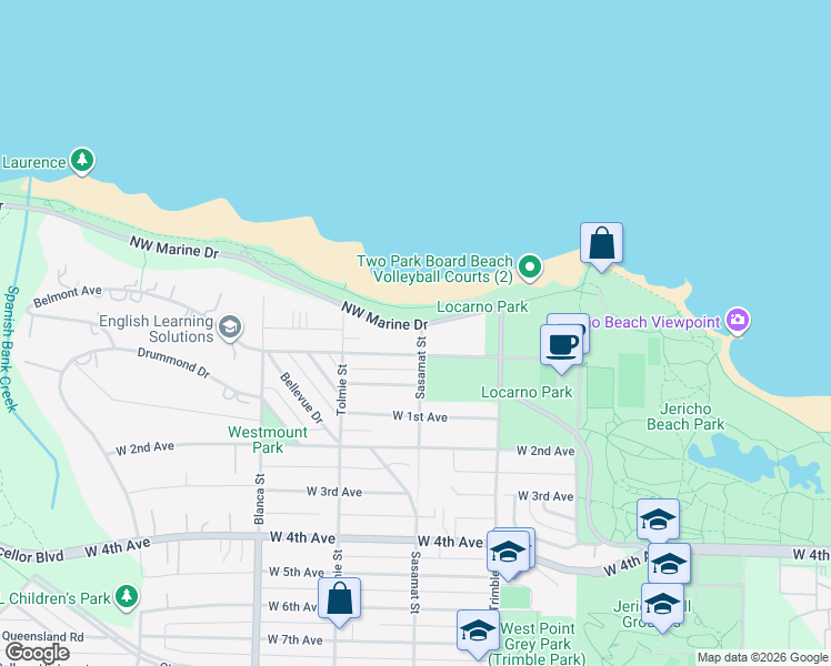 map of restaurants, bars, coffee shops, grocery stores, and more near 4500 Northwest Marine Drive in Vancouver