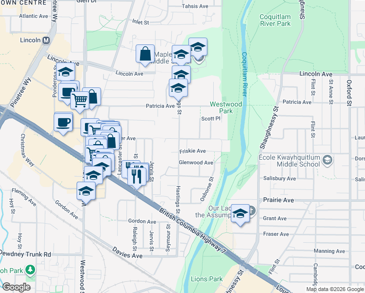 map of restaurants, bars, coffee shops, grocery stores, and more near 3484 Hastings Street in Port Coquitlam