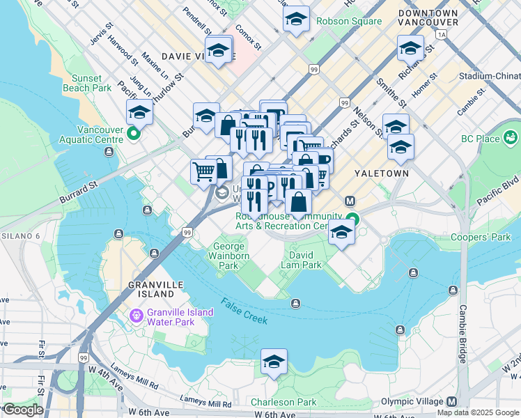 map of restaurants, bars, coffee shops, grocery stores, and more near 501 Pacific Street in Vancouver