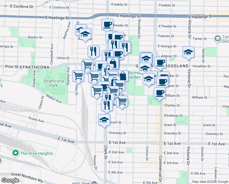 map of restaurants, bars, coffee shops, grocery stores, and more near in Vancouver