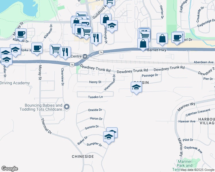 map of restaurants, bars, coffee shops, grocery stores, and more near 3362 Viewmount Drive in Port Moody