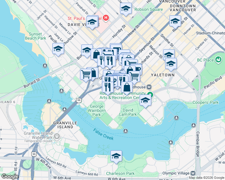 map of restaurants, bars, coffee shops, grocery stores, and more near 501 Pacific Street in Vancouver