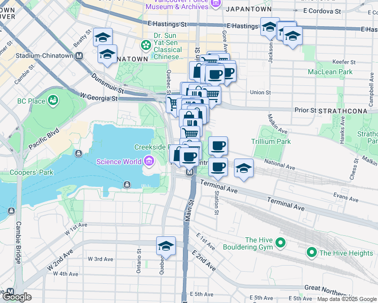 map of restaurants, bars, coffee shops, grocery stores, and more near in Vancouver
