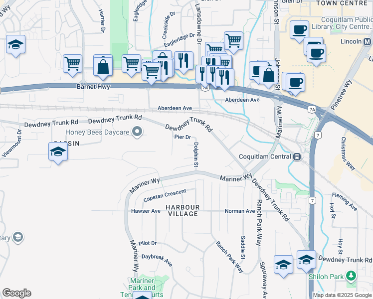 map of restaurants, bars, coffee shops, grocery stores, and more near 3216 Sail Place in Coquitlam