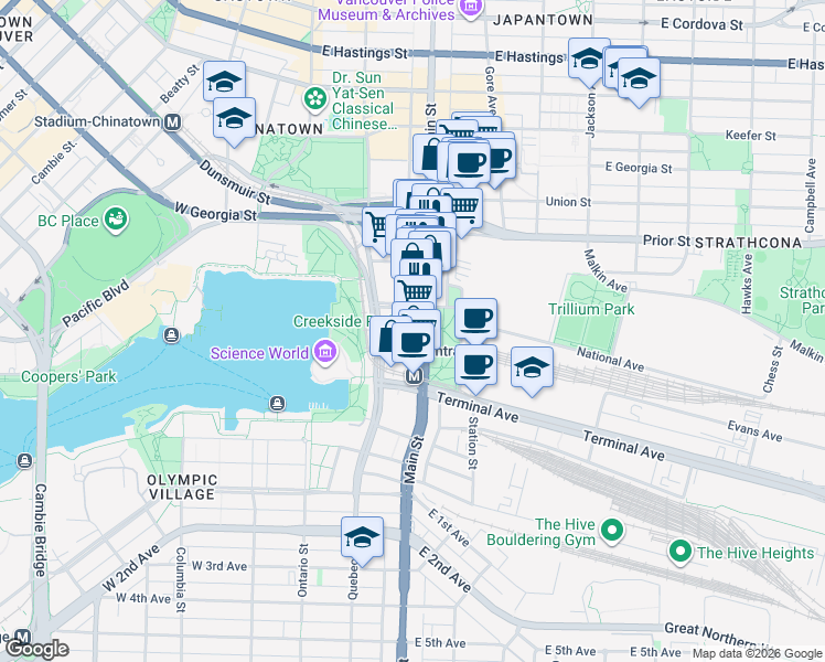 map of restaurants, bars, coffee shops, grocery stores, and more near 1159 Main Street in Vancouver