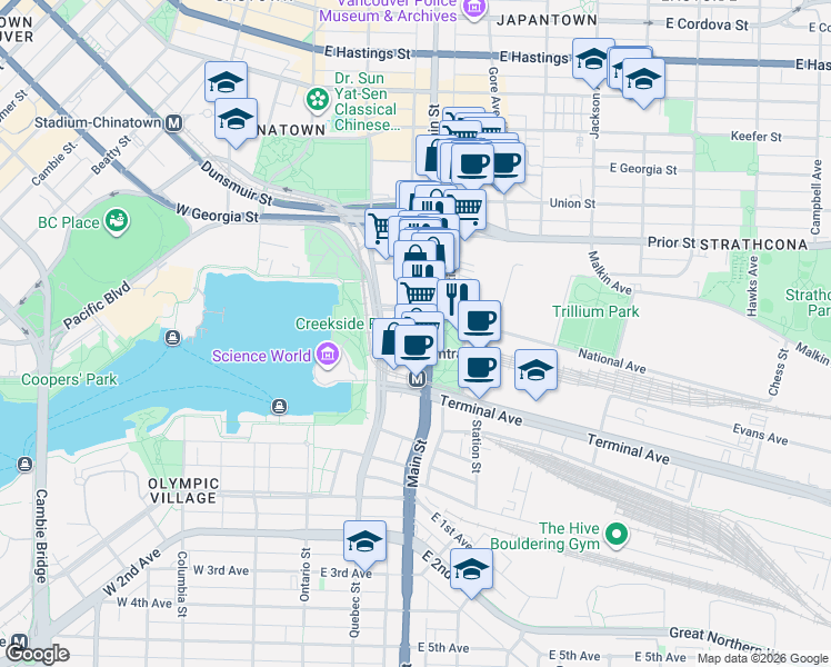 map of restaurants, bars, coffee shops, grocery stores, and more near in Vancouver