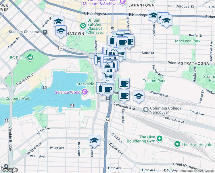 map of restaurants, bars, coffee shops, grocery stores, and more near 1159 Main Street in Vancouver