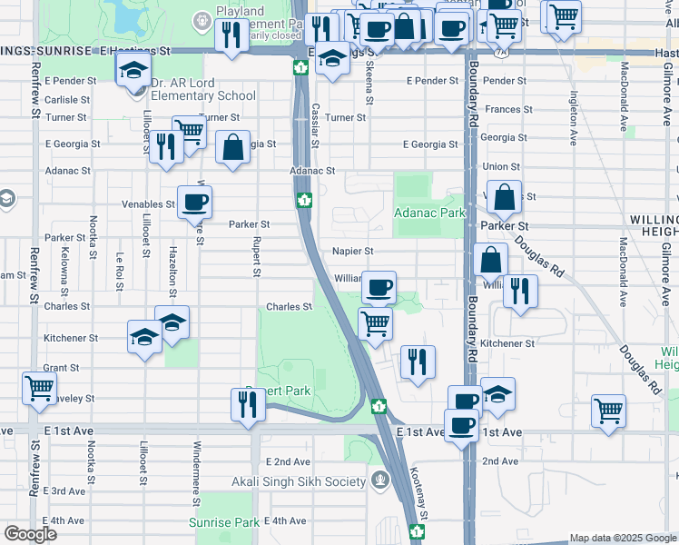 map of restaurants, bars, coffee shops, grocery stores, and more near 3447 William Street in Vancouver
