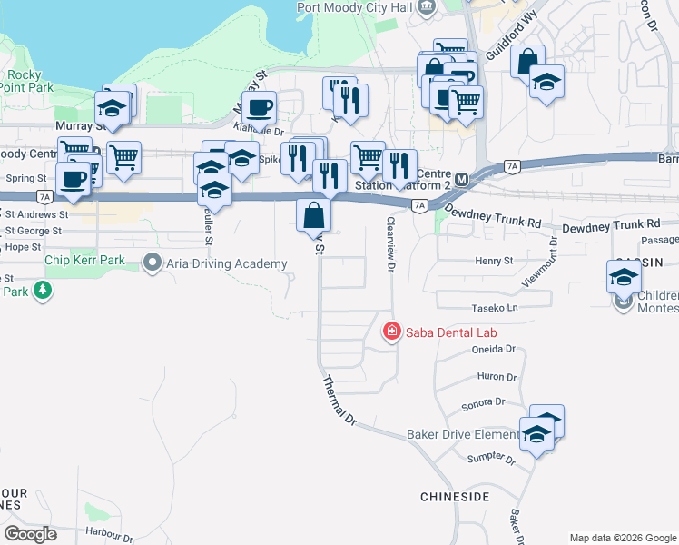 map of restaurants, bars, coffee shops, grocery stores, and more near 3222 Pinda Drive in Port Moody