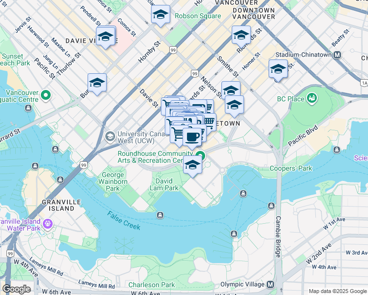 map of restaurants, bars, coffee shops, grocery stores, and more near 1226 Homer Street in Vancouver