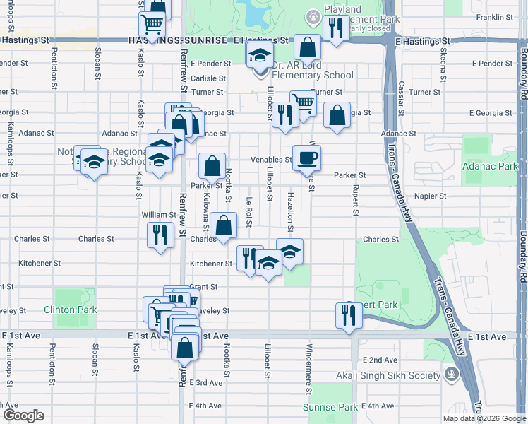 map of restaurants, bars, coffee shops, grocery stores, and more near 1149 Lillooet Street in Vancouver