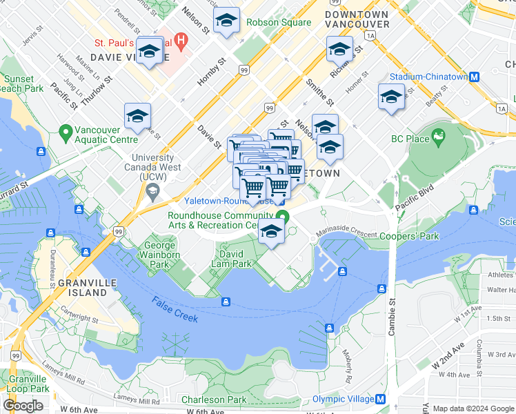 map of restaurants, bars, coffee shops, grocery stores, and more near 1228 Hamilton Street in Vancouver