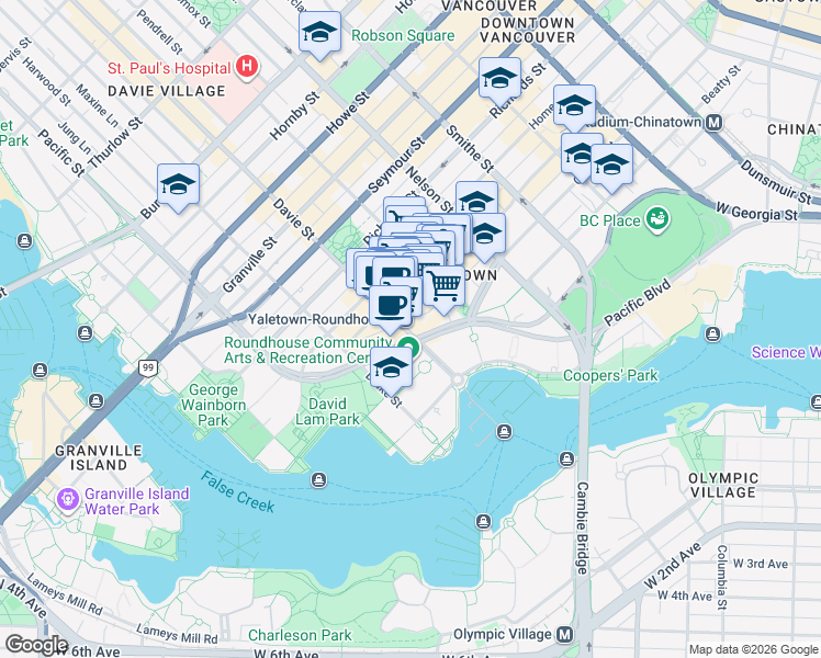 map of restaurants, bars, coffee shops, grocery stores, and more near 283 Davie Street in Vancouver