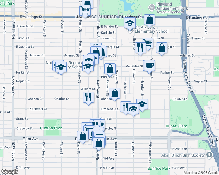 map of restaurants, bars, coffee shops, grocery stores, and more near 1174 Kelowna Street in Vancouver