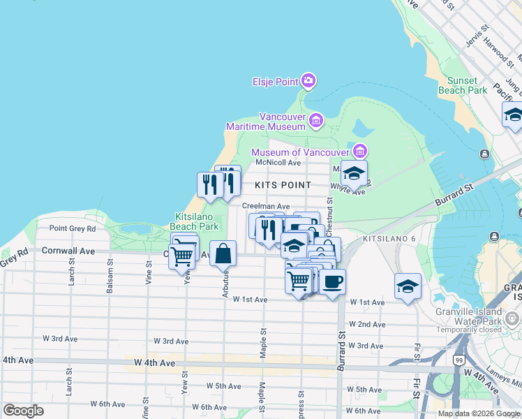 map of restaurants, bars, coffee shops, grocery stores, and more near 1305 Maple Street in Vancouver
