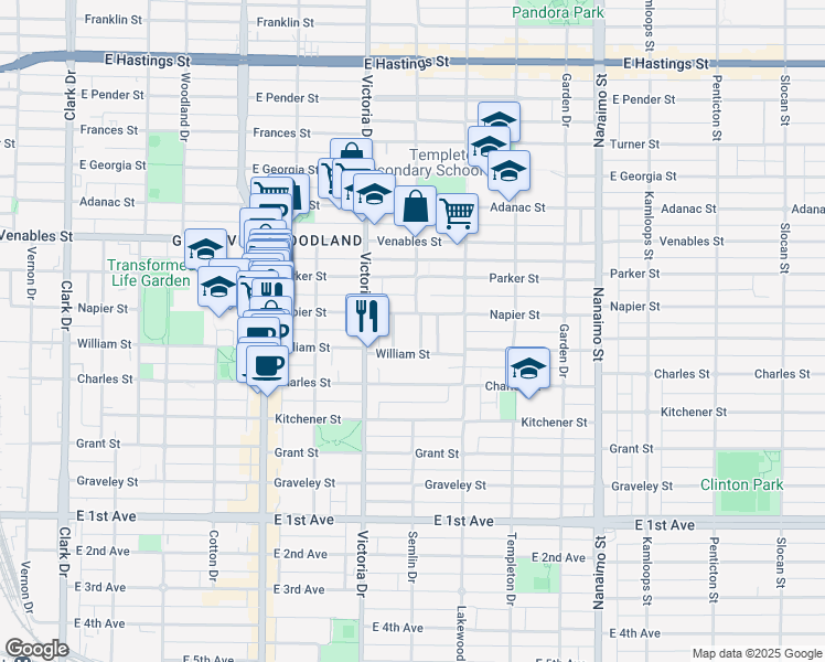 map of restaurants, bars, coffee shops, grocery stores, and more near 1127 Semlin Drive in Vancouver