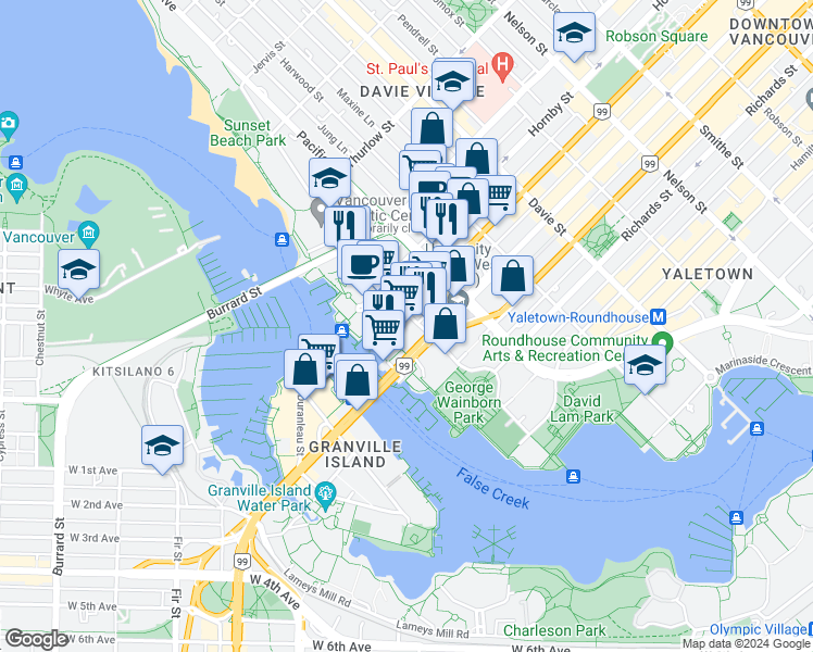 map of restaurants, bars, coffee shops, grocery stores, and more near 1500 Howe Street in Vancouver