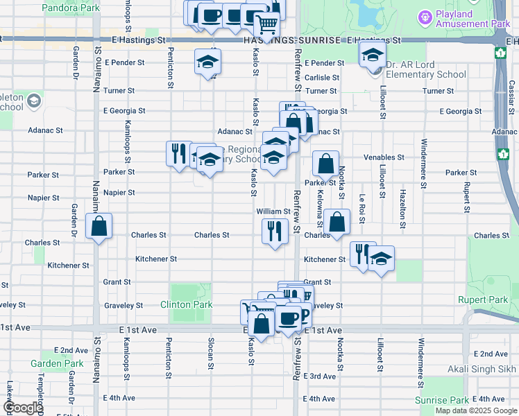 map of restaurants, bars, coffee shops, grocery stores, and more near 2805 William Street in Vancouver